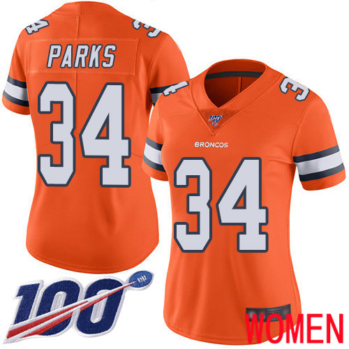 Women Denver Broncos #34 Will Parks Limited Orange Rush Vapor Untouchable 100th Season Football NFL Jersey